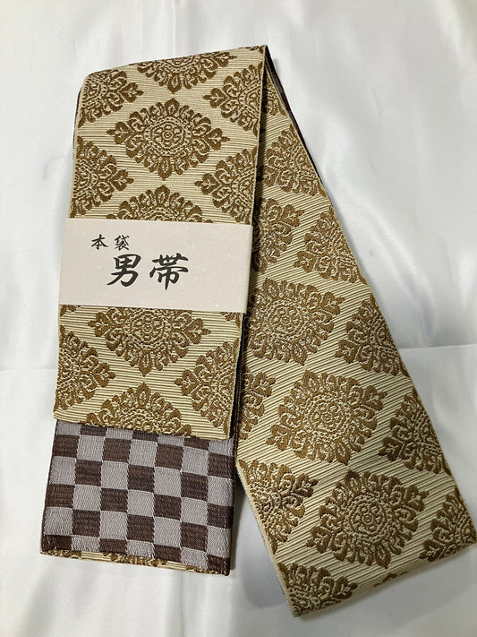 【唐花白茶】男帯　高品質本袋帯【一点限り】