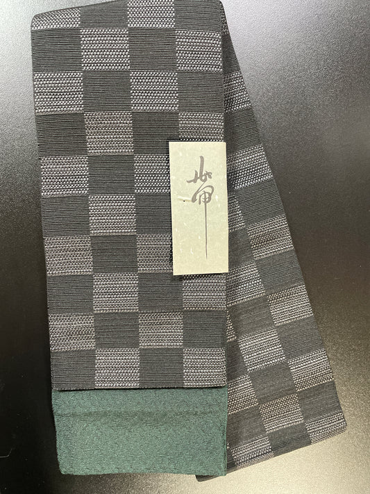【黒市松×緑鱗】男帯　高品質本袋帯【一点限り】